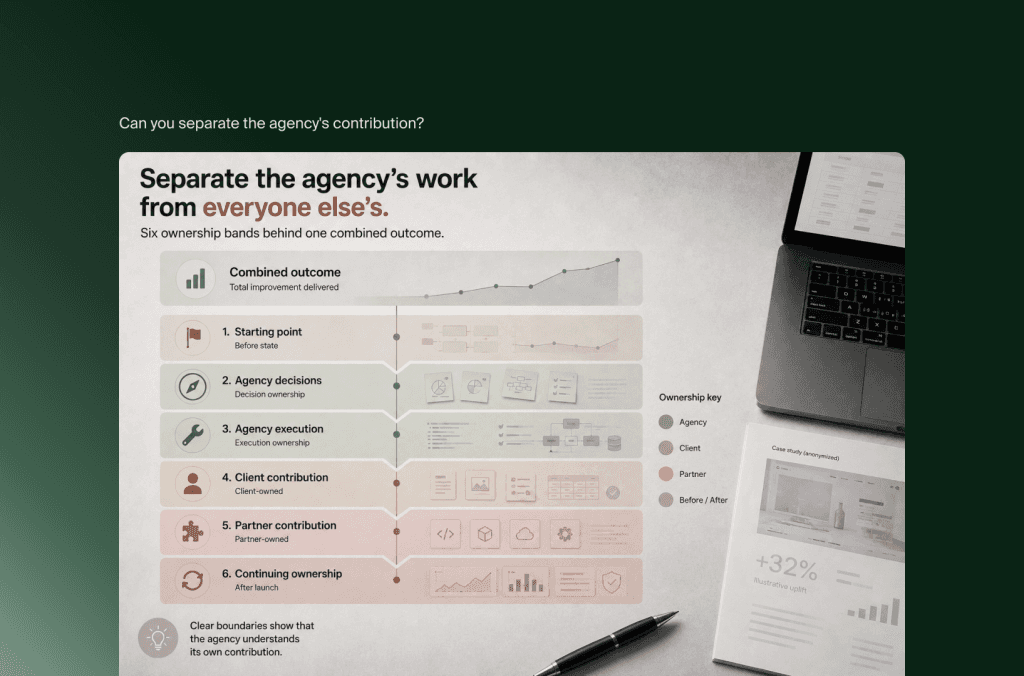 Sechs Verantwortungsbereiche trennen die Agenturleistung von Kunden- und Partnerbeiträgen in einer Shopify-Fallstudie
