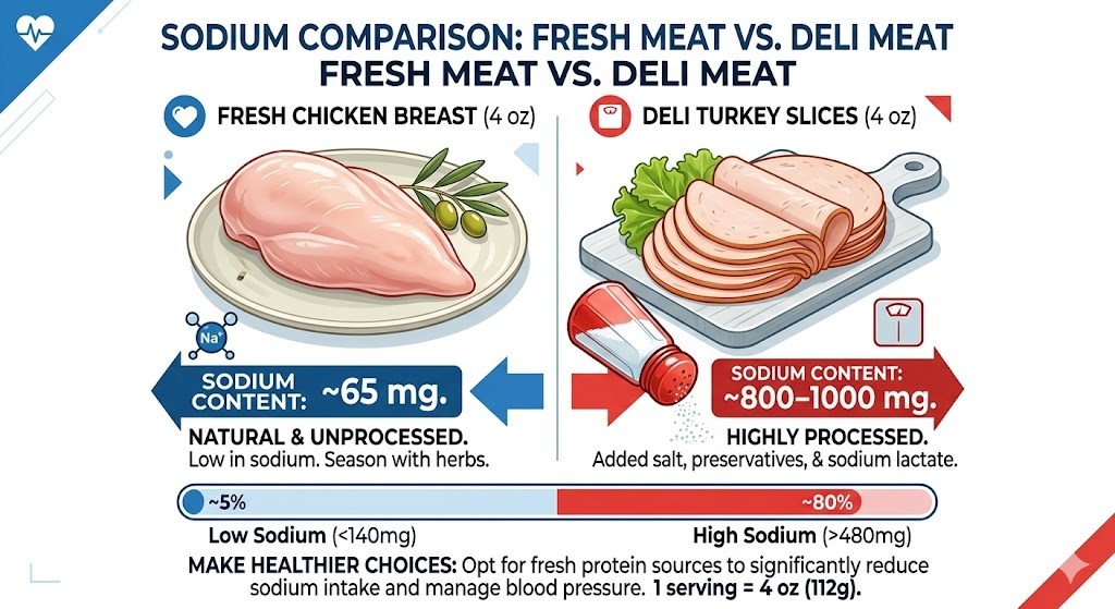 An informative infographic comparing the sodium content of fresh meat and deli meat. The top header states, "SODIUM COMPARISON: FRESH MEAT VS. DELI MEAT". The image is split into two comparison blocks. On the left (fresh meat), a fresh raw chicken breast with olives is shown on a blue plate, with a title 'FRESH CHICKEN BREAST (4 oz)' and a label: 'SODIUM CONTENT: ~65 mg.' The text describes it as 'NATURAL & UNPROCESSED. Low in sodium. Season with herbs.' On the right (deli meat), a neat stack of sliced deli turkey is shown on a wooden cutting board with a red salt shaker pouring salt, with a title 'DELI TURKEY SLICES (4 oz)' and a label: 'SODIUM CONTENT: ~800-1000 mg.' The text describes it as 'HIGHLY PROCESSED. Added salt, preservatives, & sodium lactate.' A visual progress bar below the blocks shows a low sodium mark for chicken at ~5% and a high sodium mark for turkey at ~80%. A concluding educational tip reads: 'OPT FOR FRESH PROTEIN TO SIGNIFICANTLY REDUCE SODIUM INTAKE & MANAGE BLOOD PRESSURE. 1 serving = 4 oz (112g).' The image uses modern medical-style icons and clean typography.