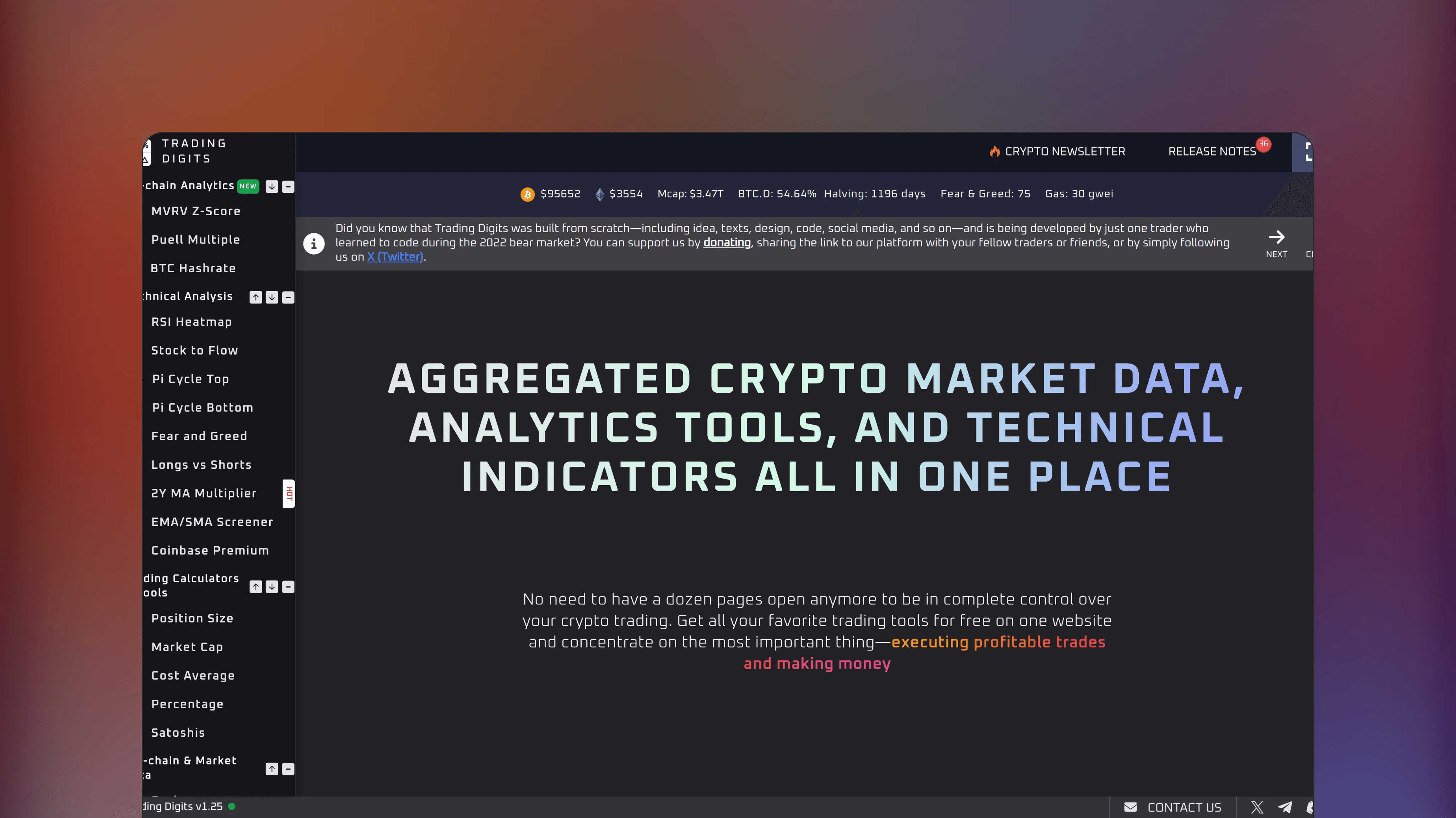 Website preview of Trading Digits, trade analytics crypto platform featuring a dashboard of real-time market metrics on a single page.