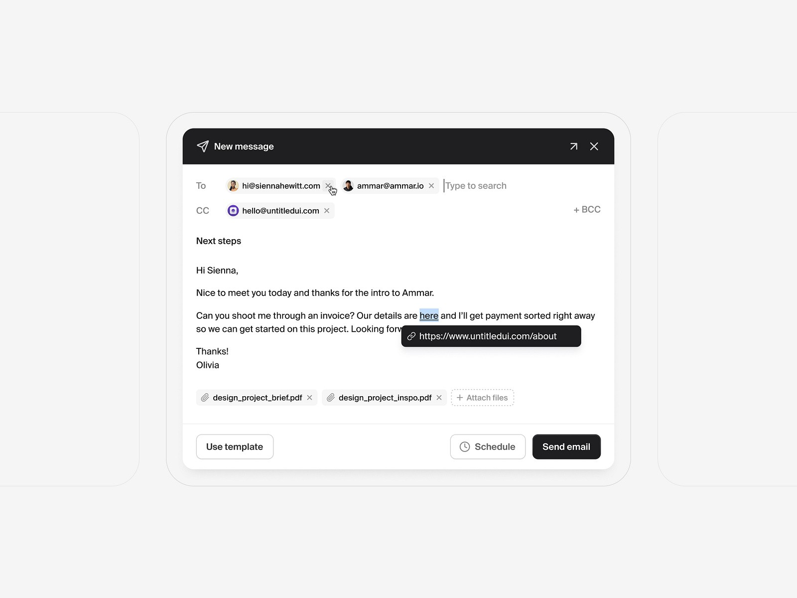 A screenshot displays an email drafting interface using AI-powered email responses and workflow automation tools, featuring fields like "To," "CC," and a message body, illustrating integration with Make.com and OpenAI GPT API for business email automation and intelligent email drafting.