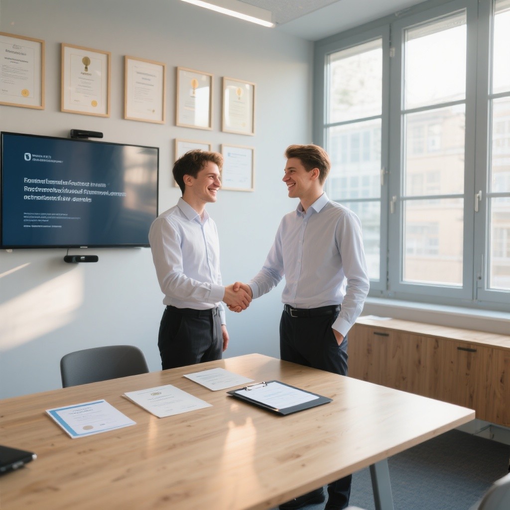 Deux jeunes professionnels en chemises se serrent la main et sourient près d’une table en bois clair cadre formel et accord