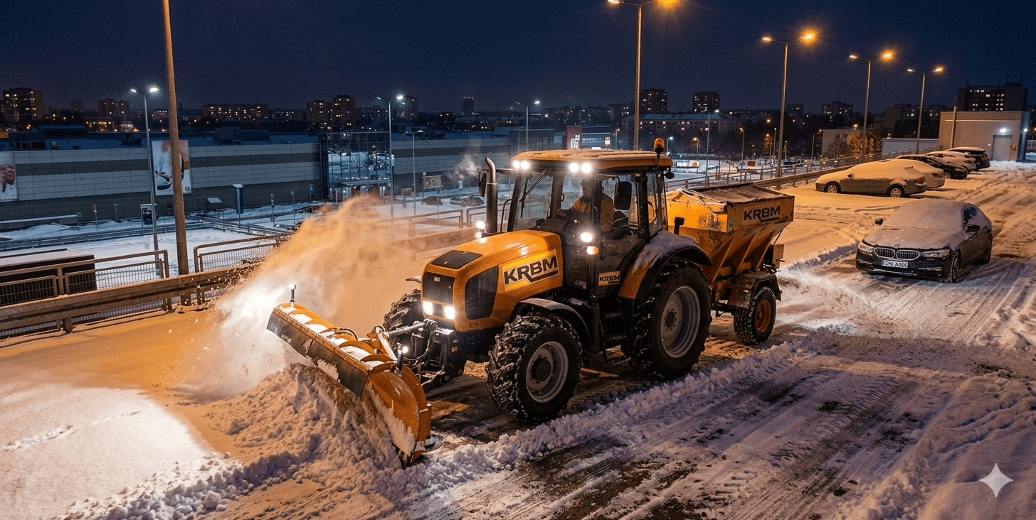 Mechaniczne posypywanie solą i piaskiem oblodzonego placu manewrowego przy obiekcie handlowym, Poznań Jeżyce.