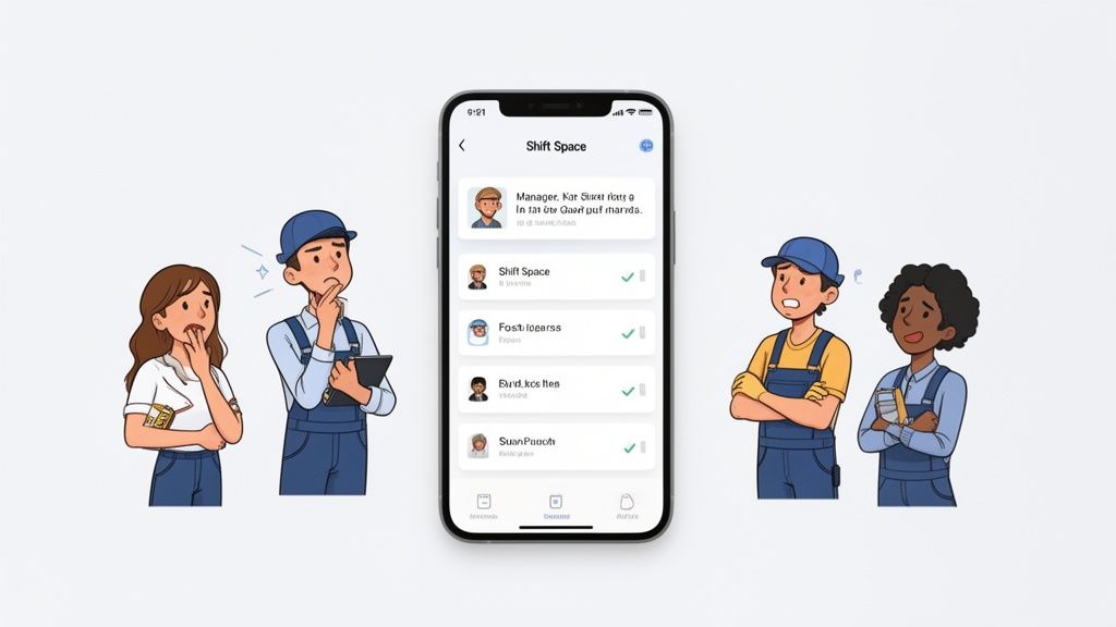 Cartoon people in work uniforms look puzzled around a phone displaying a 'Shift Space' app.