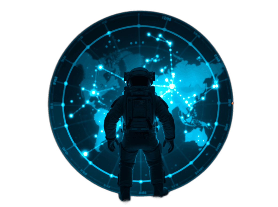 Bild eines Astronaut der eine interaktive Karte der Erde betrachtet KI-generiert extro.agency