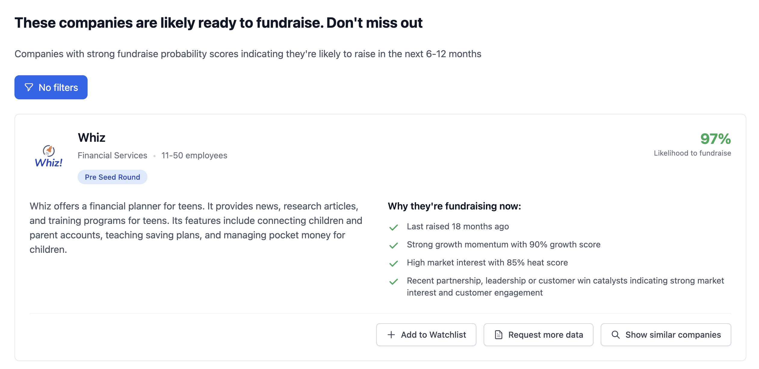 Screenshot: Dashboard settings for default filters on a high fundraise probability watchlist