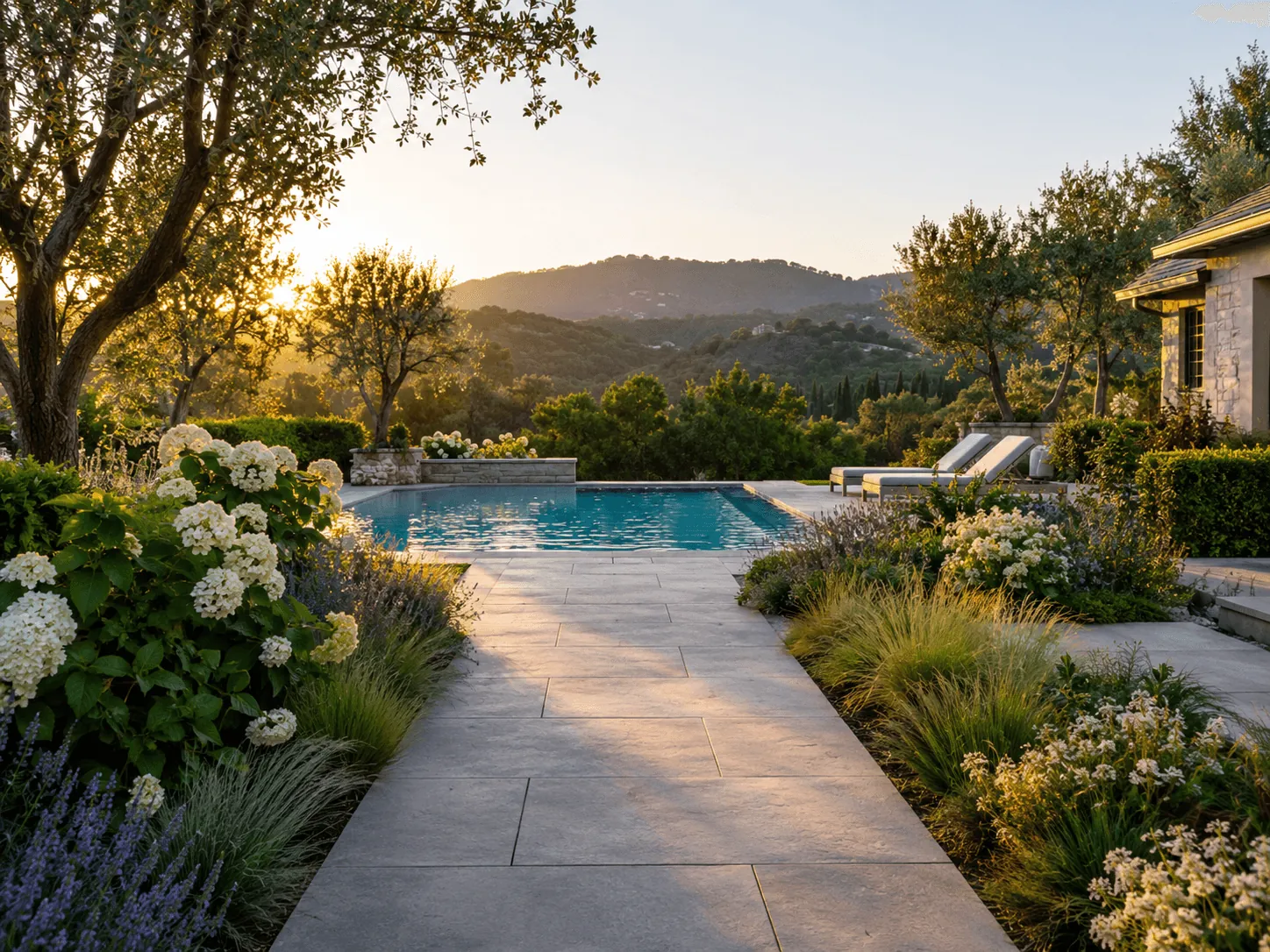 Stone path through a planted garden leading to a pool with a hillside view