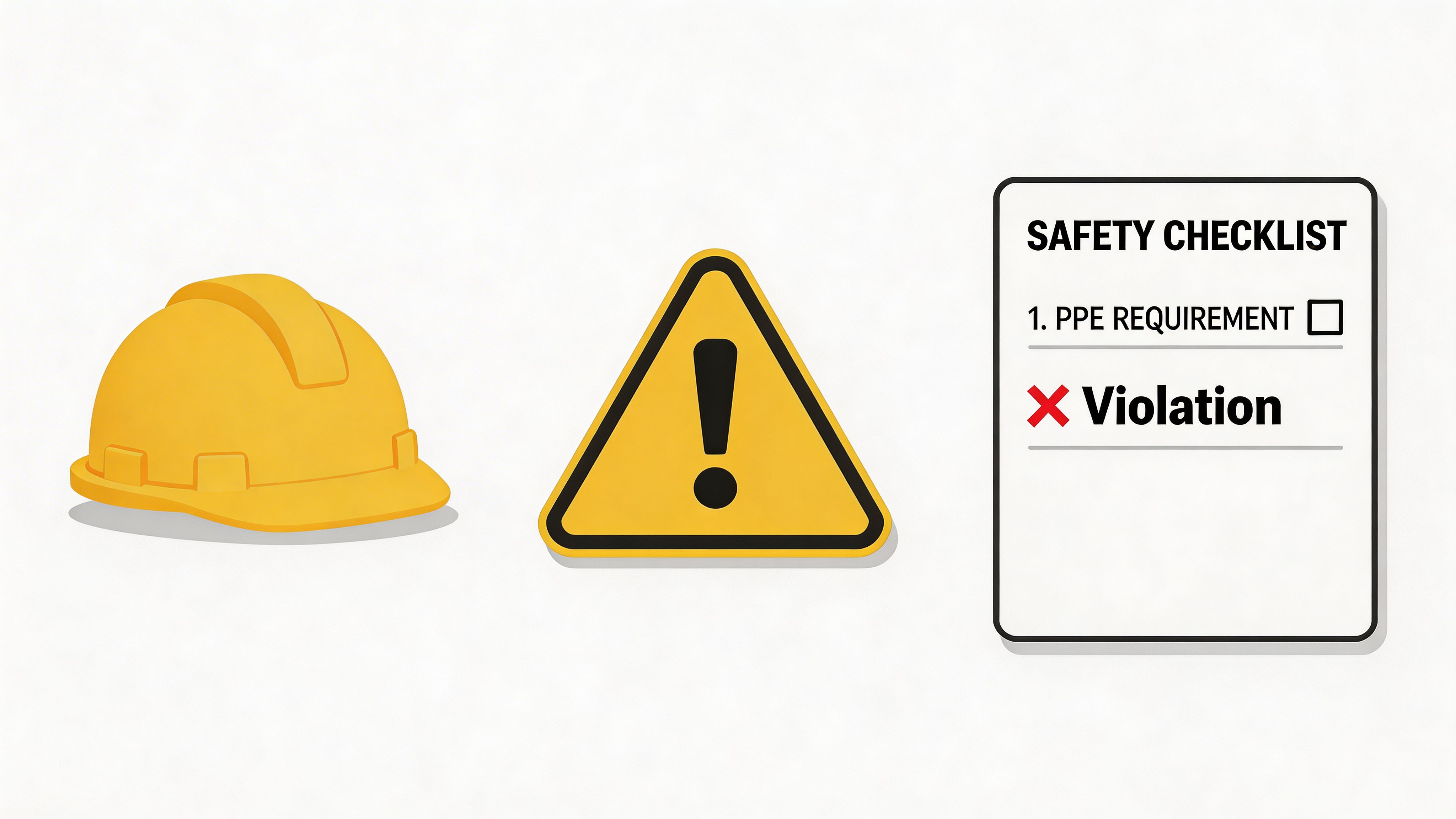 A yellow hard hat next to a safety warning sign and a checklist showing a PPE violation.