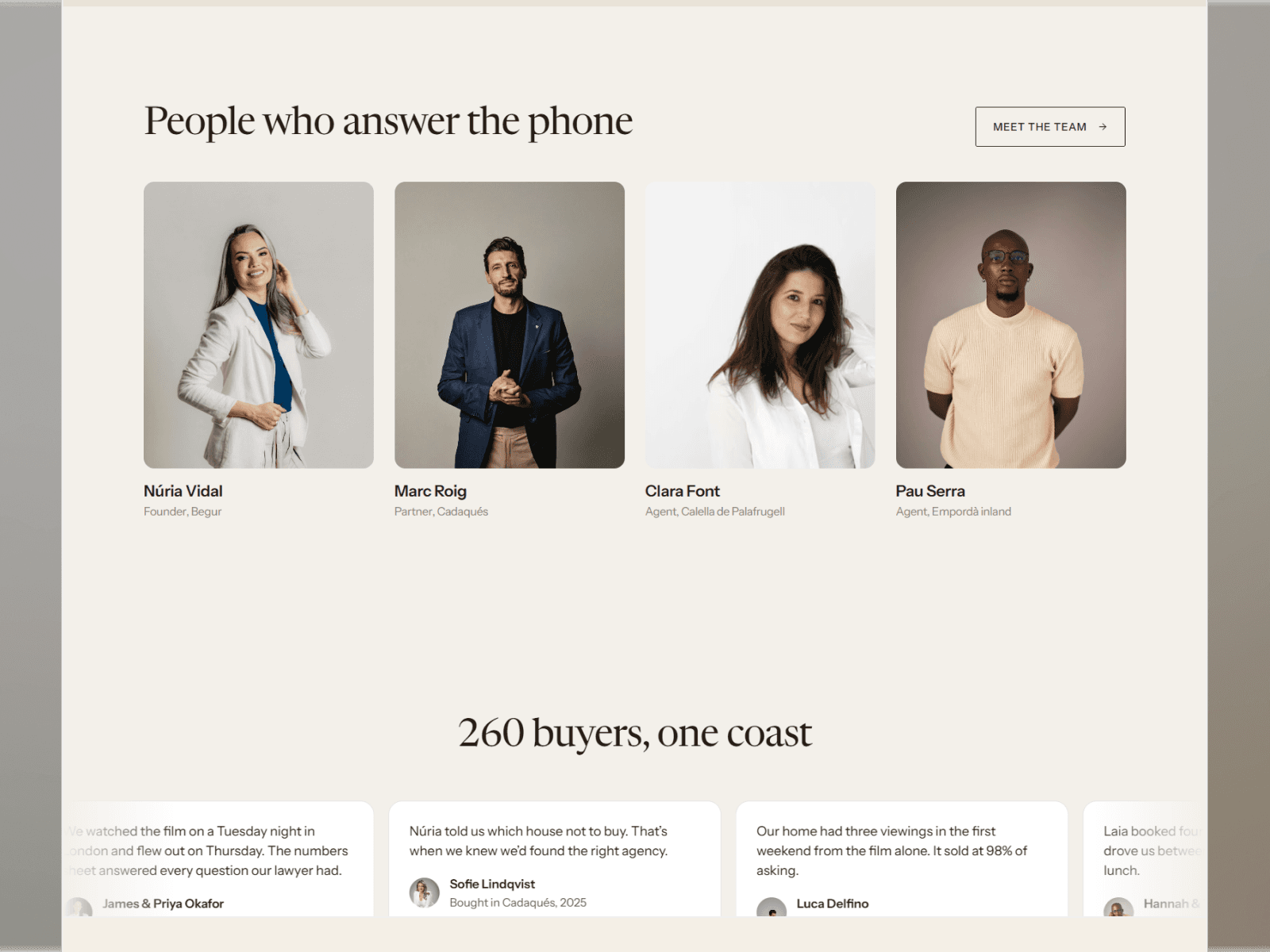 The agents section of Marea, four portrait photos with names and roles under the heading People who answer the phone