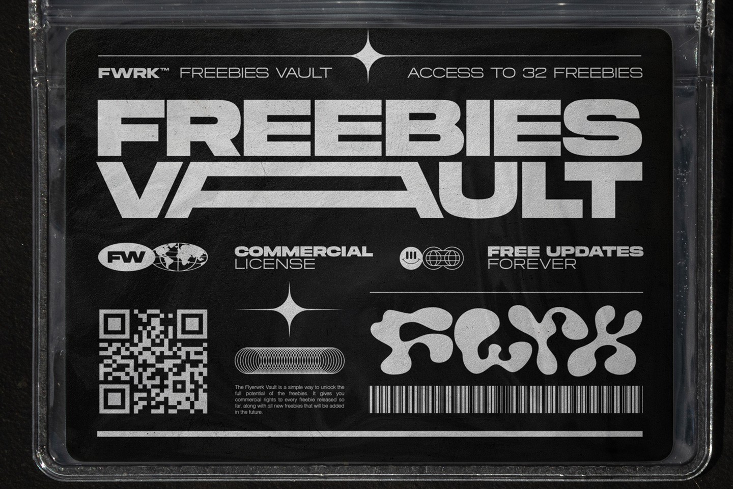 Flyerwrk Freebies Vault cover showing commercial license access to design resources and mockups