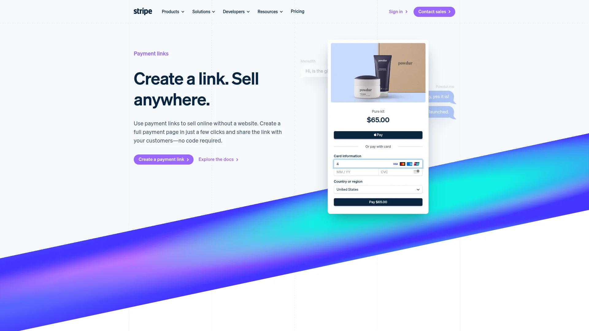 Stripe Payment Links page with a hosted checkout showing Apple Pay and card fields, a no-code way to add payments to an app