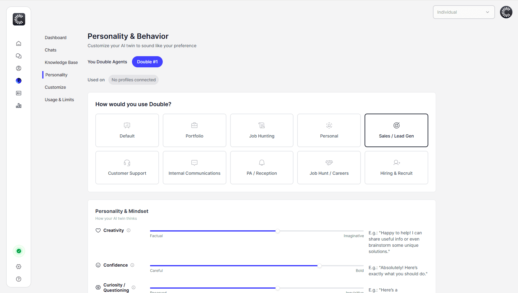 AI twin personality settings interface with various personality presets