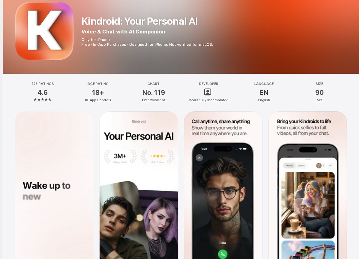 Kindroid’s App Store listing shows the in-app prices for subscriptions and add-ons, September 2026.