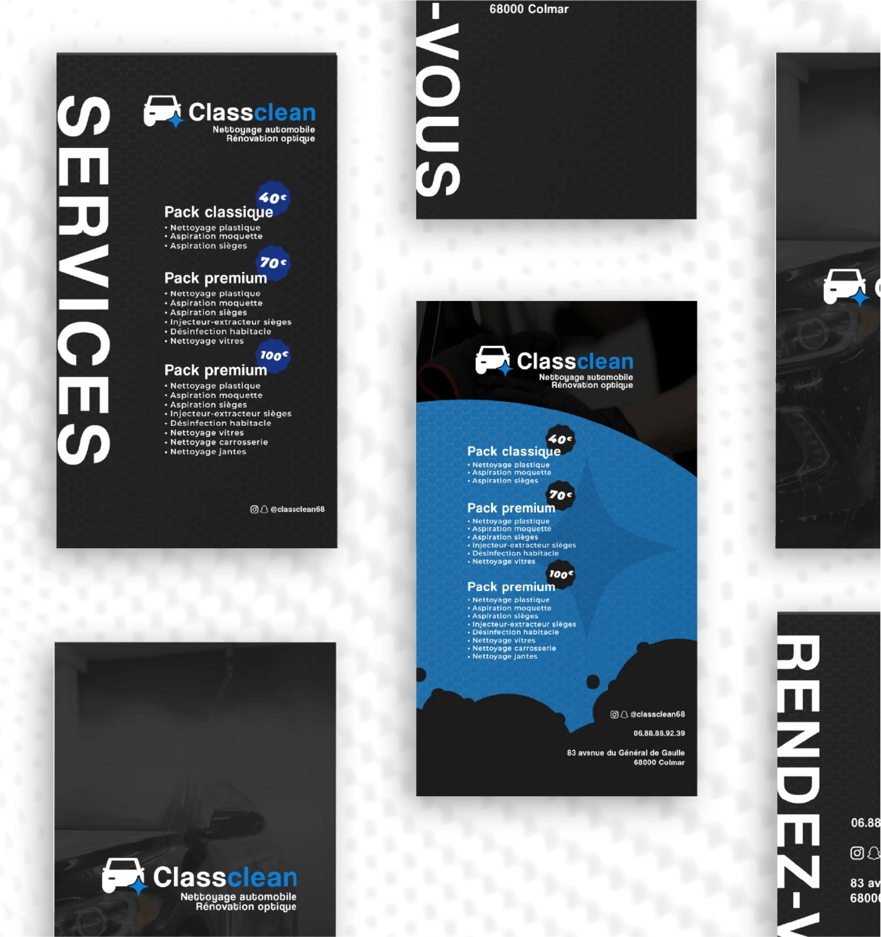 Planche de présentation globale du branding Classclean : déclinaisons de logos, supports print et déclinaisons mobiles.