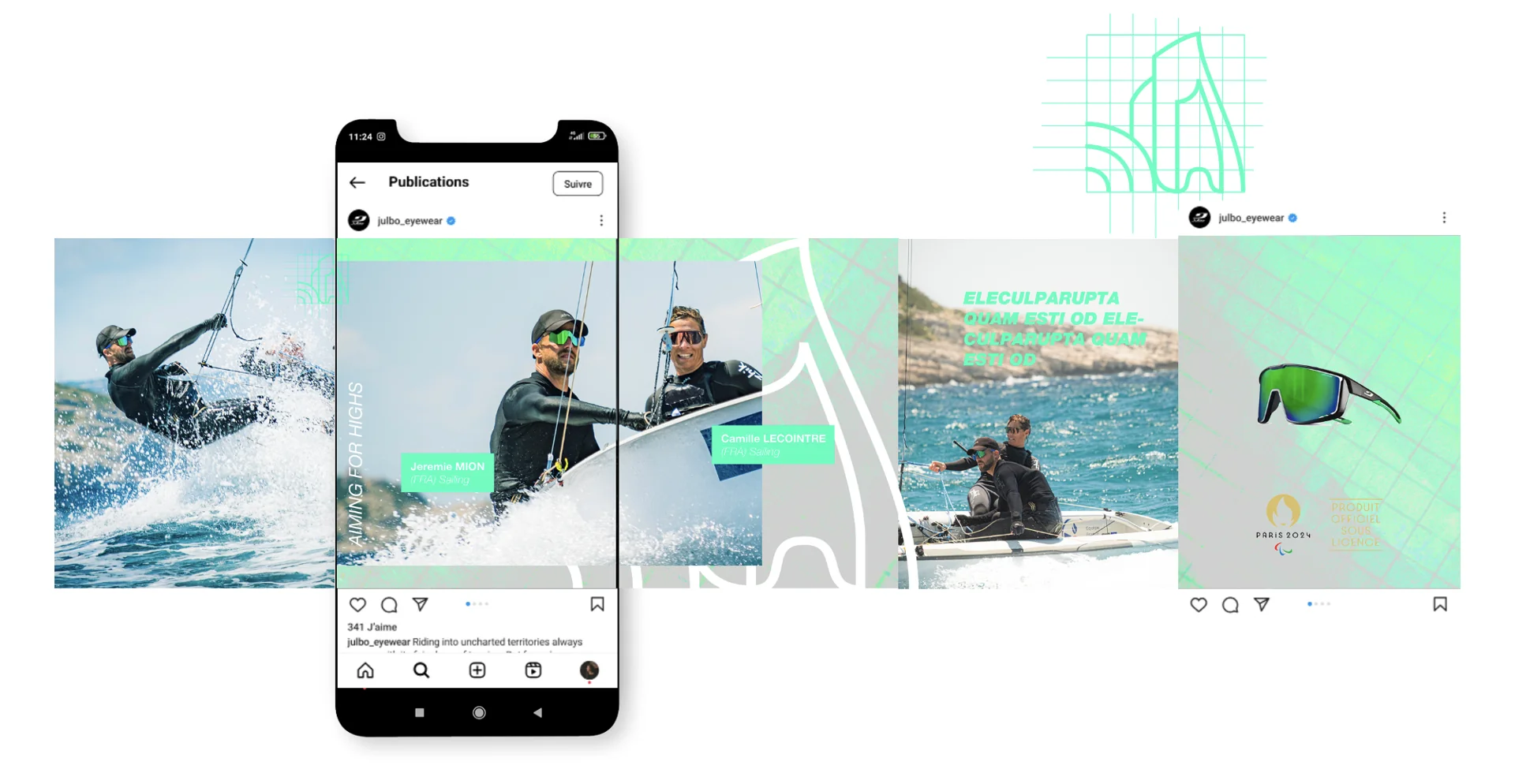 Carousel Instagram Athlète en kite foiling portant les lunettes Julbo Paris 2024 — performance et style en pleine mer.