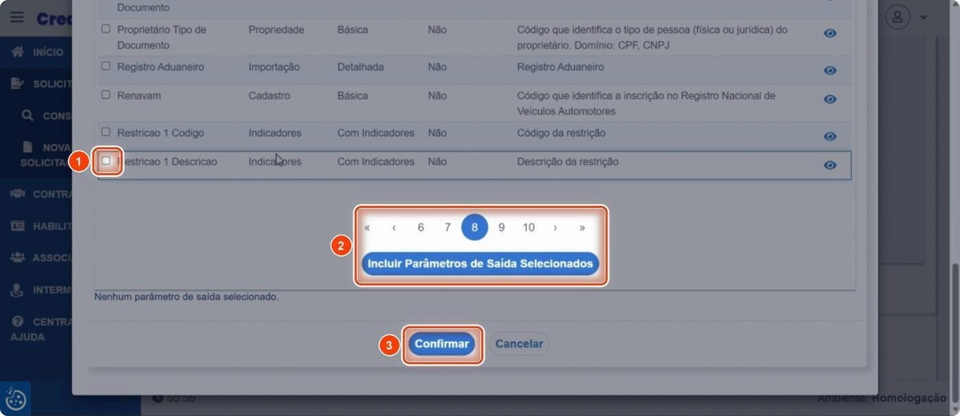 Captura de tela de referência do Credencia para Passo 6 — Marcar os parâmetros de saída, incluí-los e confirmar. Contexto: 40 — Revisão — Solicitação de consulta.
