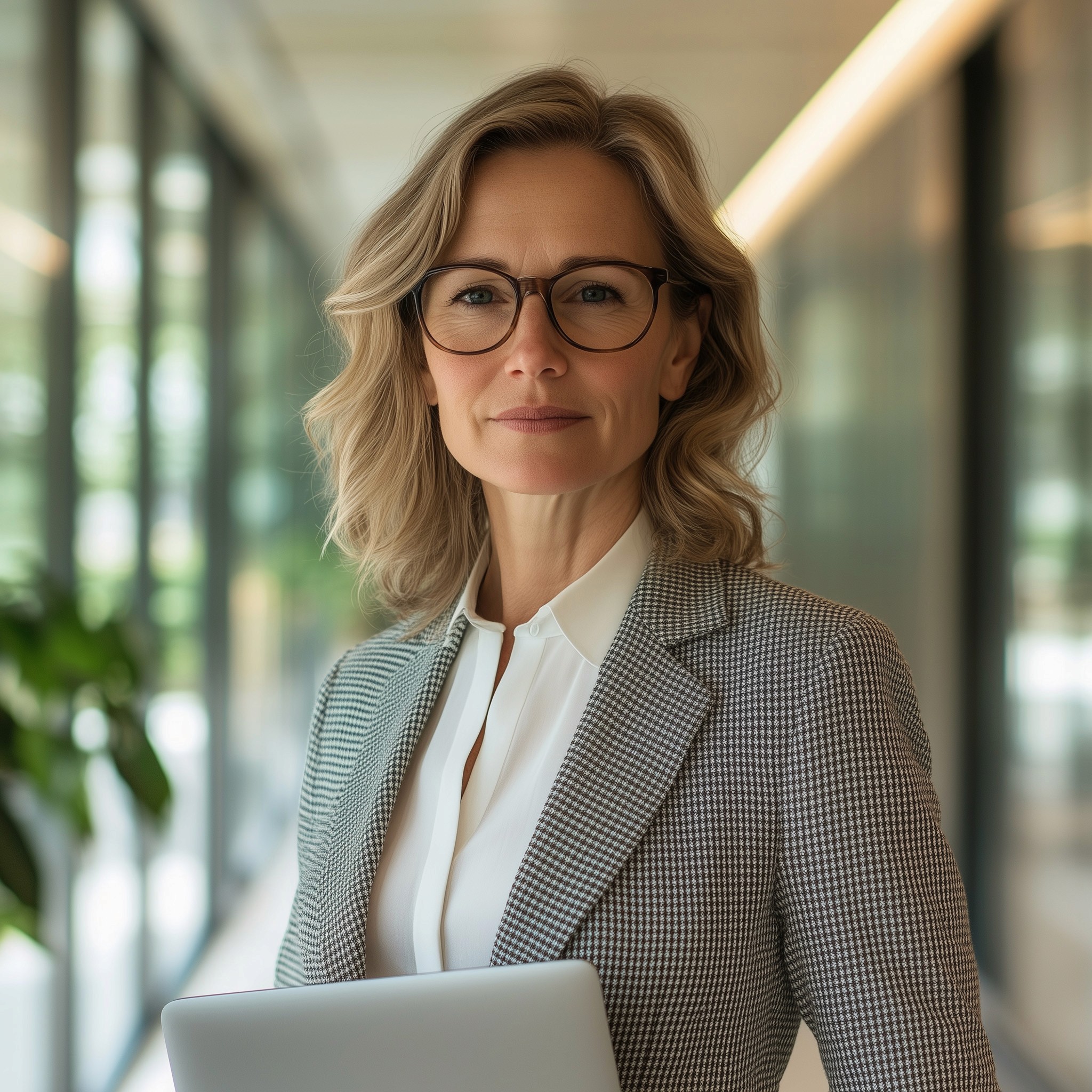 A confident professional woman wearing glasses, holding a laptop, standing in a modern, well-lit office hallway