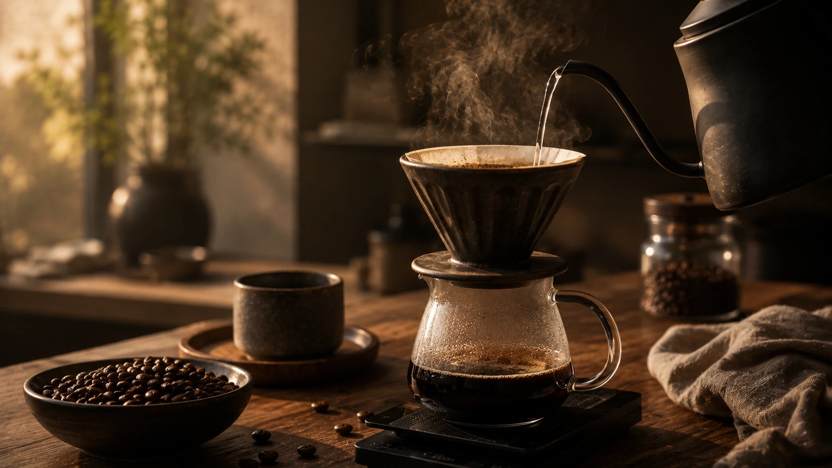 Handcrafted pour-over coffee brewing setup featuring a ceramic dripper, matte black kettle, and warm morning sunlight.