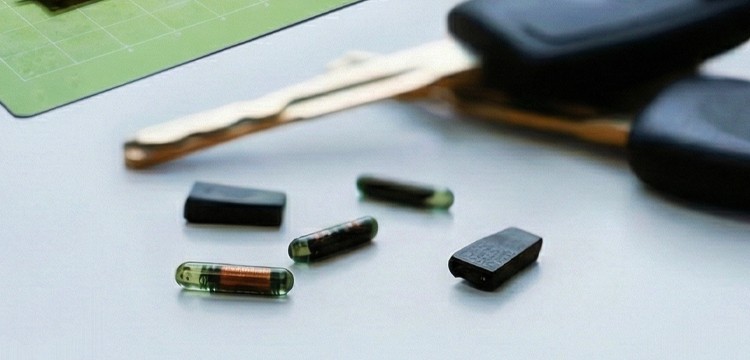 Close-up of transponder chips and key components used in car key duplication.