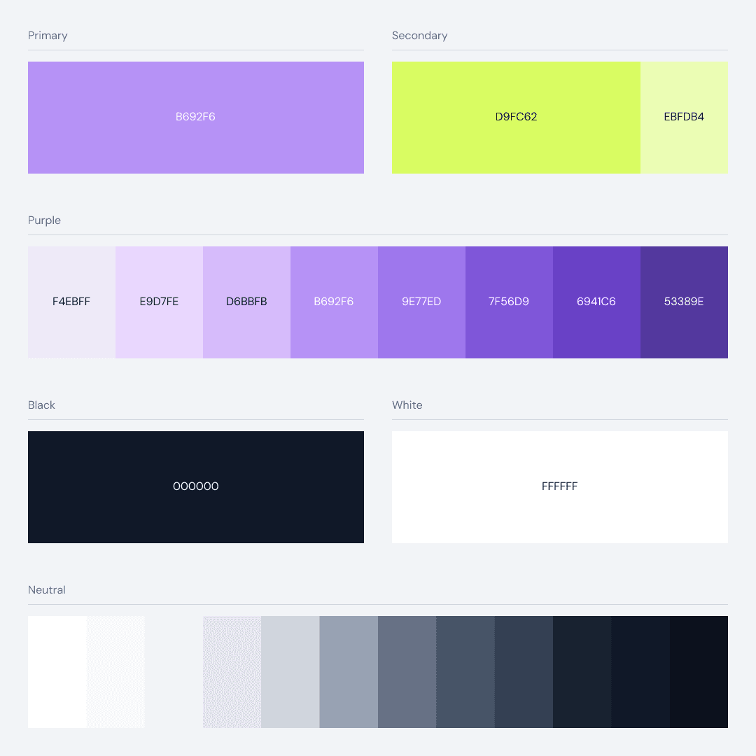 Neonify colour palette showing primary purple, secondary lime green, purple scale from light to dark, black, white and neutral grey tones with hex values