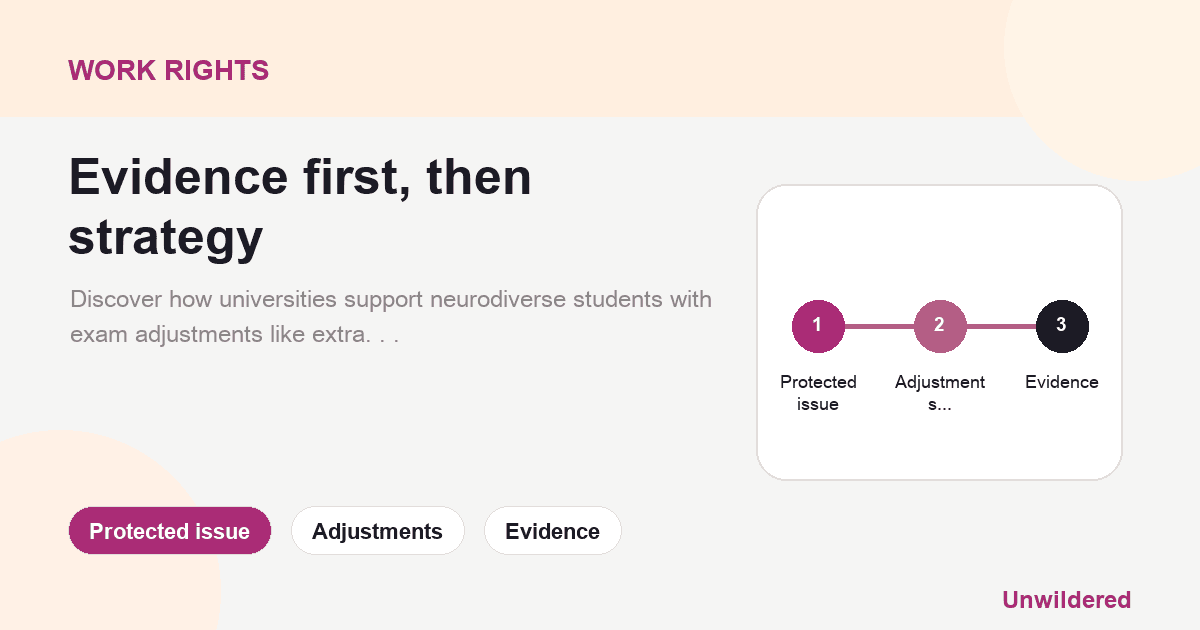 Explainer card for Reasonable adjustments for university exams: Protected issue, Adjustments, Evidence.
