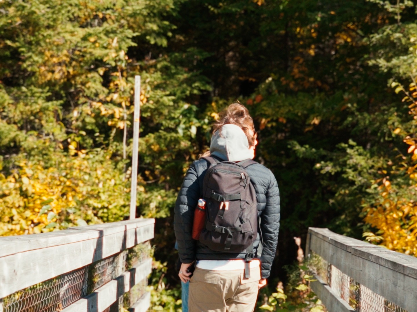 Randonneur traversant un pont en bois dans une forêt dense au Fjord du Saguenay.