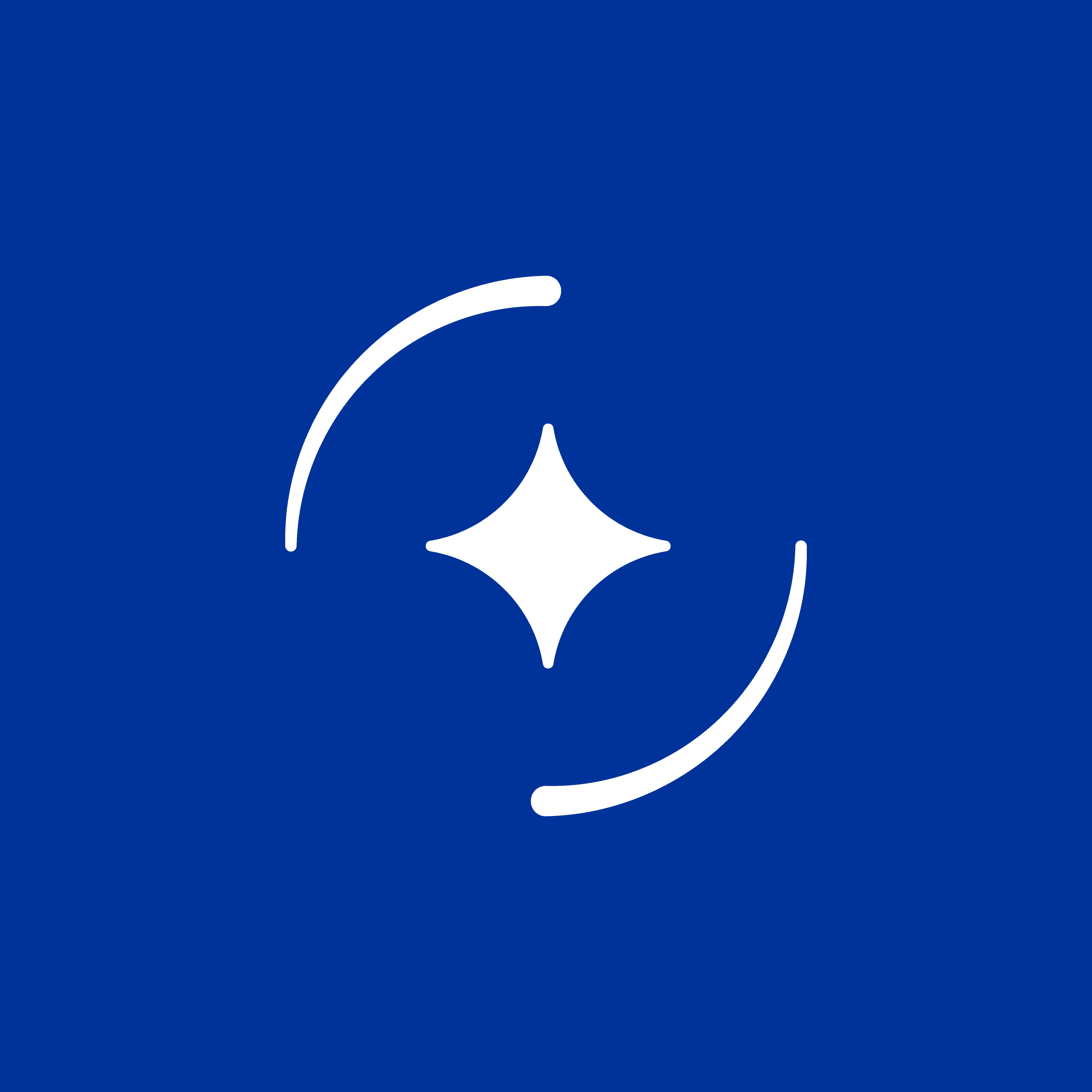 White geometric star on a blue background with curved white lines.