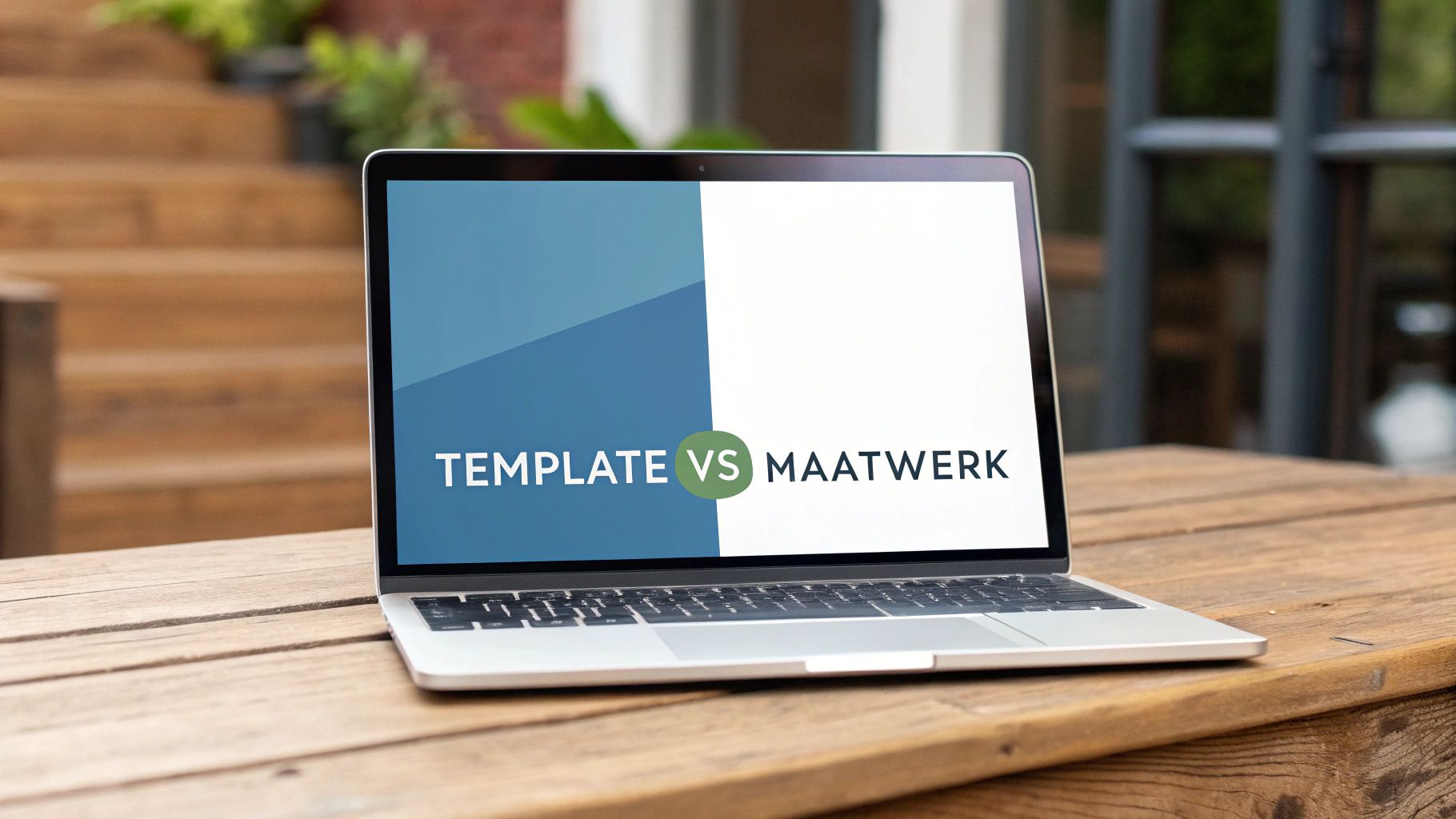 Laptop op een houten tafel toont de tekst 'TEMPLATE VS MAATWERK' op het scherm, in een buitenomgeving.