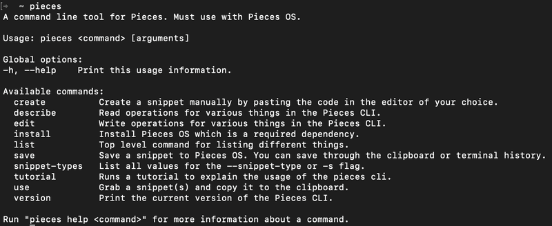 Explanations of all the Pieces CLI commands.