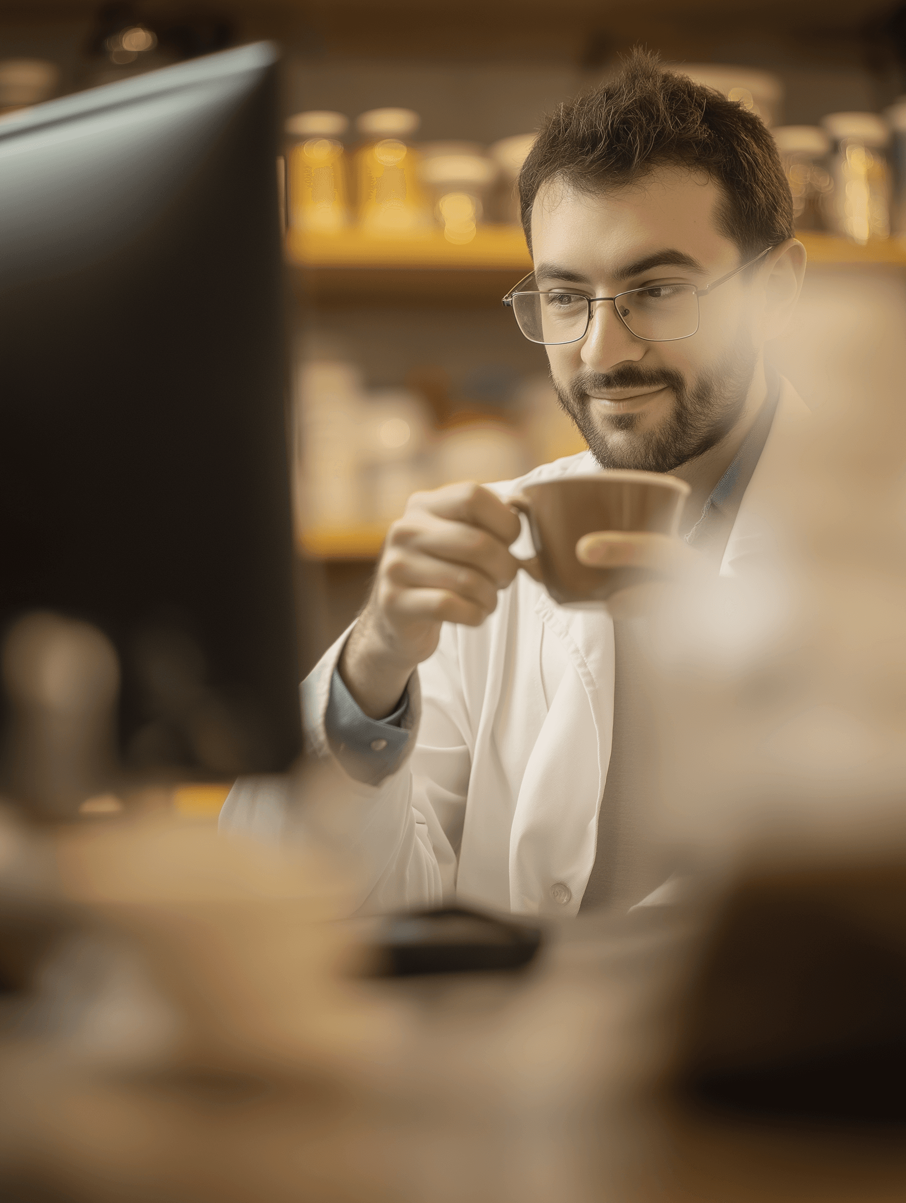 Pharmacien qui lit la newsletter CAFE QCRX