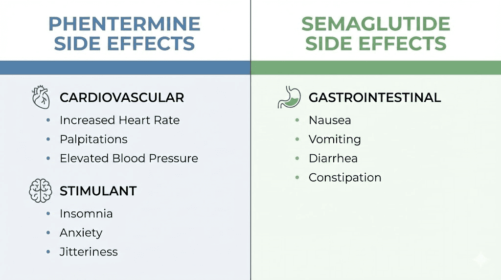 Phentermine vs semaglutide side effects comparison chart