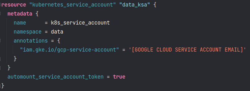 Screenshot of a Terraform configuration script creating a Kubernetes service account named 'data_ksa' in the 'data' namespace, with an annotation linking to a Google Cloud service account email, and the service account token set to auto-mount.