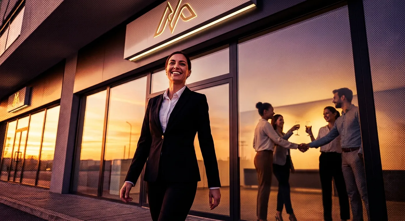 Smiling woman outside RockN' Socials, a digital marketing agency at sunset.