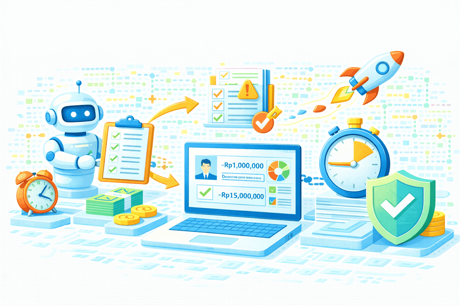 Ilustrasi AI‑assisted accelerated financial validation & compliance workflow. Di kiri, AI/robot assistant memegang clipboard checklist dengan tanda centang, didampingi jam alarm dan tumpukan uang/koin, melambangkan otomasi, penghematan waktu, dan nilai finansial. Panah alur mengarah ke laptop di tengah yang menampilkan dashboard profil nasabah, grafik, serta nilai −Rp1.000.000 dan −Rp15.000.000 yang telah tervalidasi (checklist hijau). Di bagian atas kanan, dokumen dengan ikon peringatan menunjukkan temuan risiko yang telah ditangani, sementara roket dan stopwatch merepresentasikan percepatan proses dan pemenuhan SLA. Di kanan bawah, perisai hijau bertanda centang menandakan keamanan dan kepatuhan. Visual menggambarkan orkestrasi end‑to‑end: review berbasis AI, validasi finansial, mitigasi risiko, dan eksekusi cepat yang aman serta compliant.