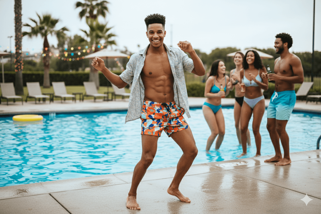 Guy dancing at a pool party