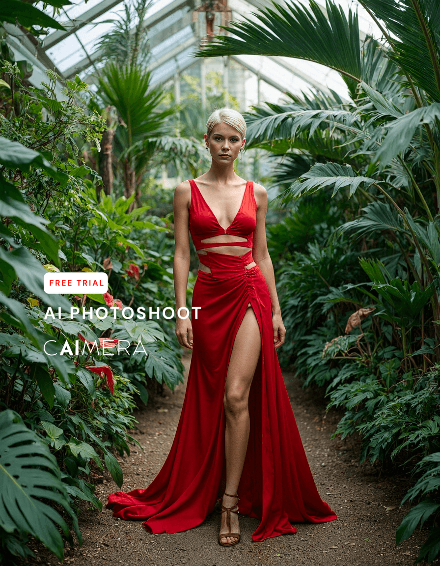 Striking red gown contrasts with lush greenhouse greenery, creating a dramatic fashion moment on a path surrounded by tropical plants