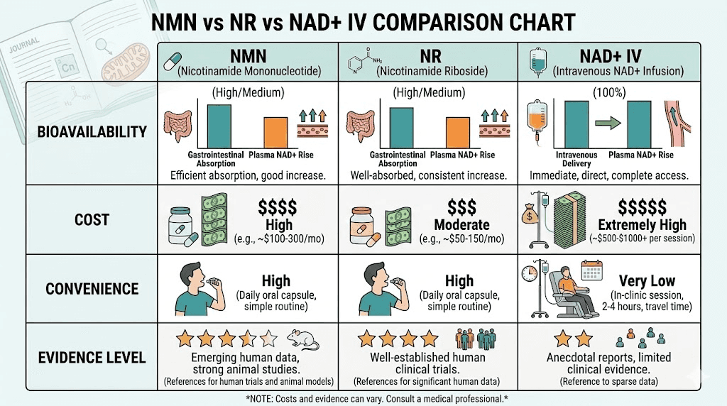 NMN versus NR versus NAD IV comparison chart for tirzepatide users
