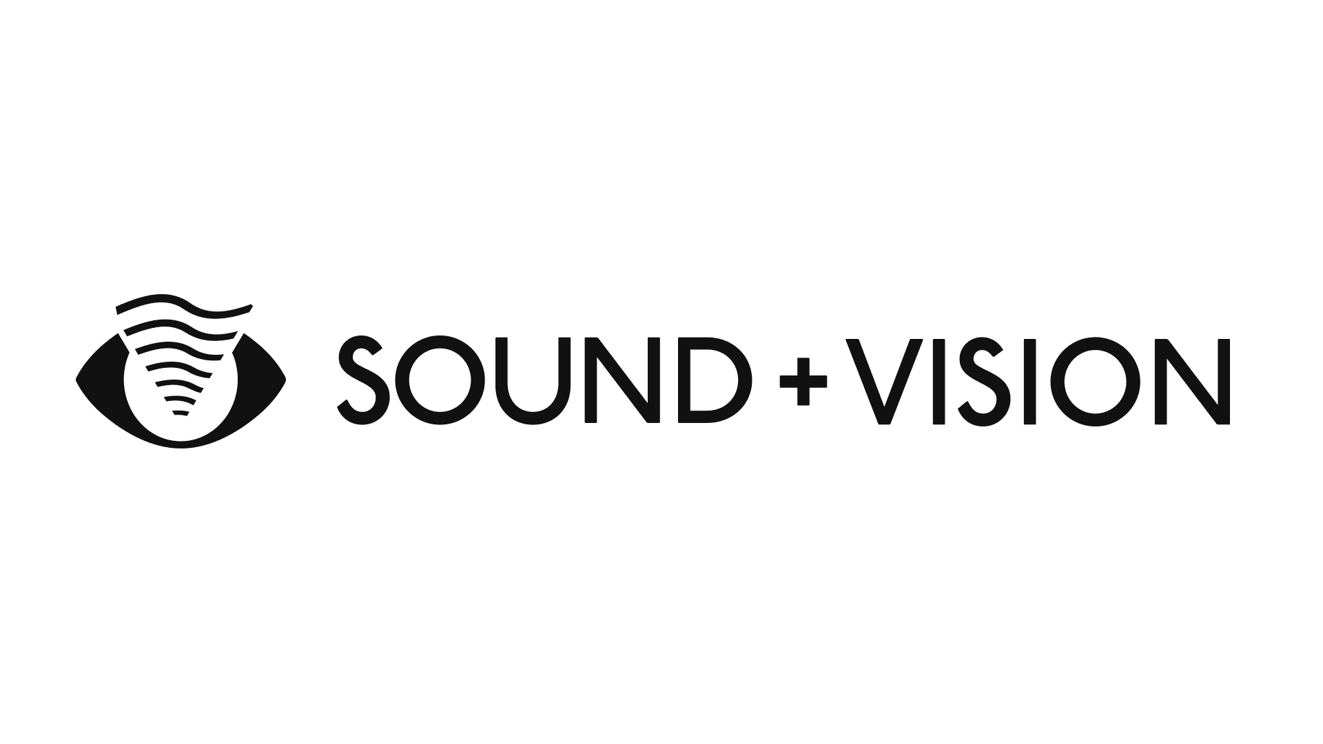 The image displays the text "SOUND + VISION" in bold, black capital letters against a white background. To the left of the text is a stylized black icon of an eye with a wavy line above it, resembling a sound wave or visual representation of sound.