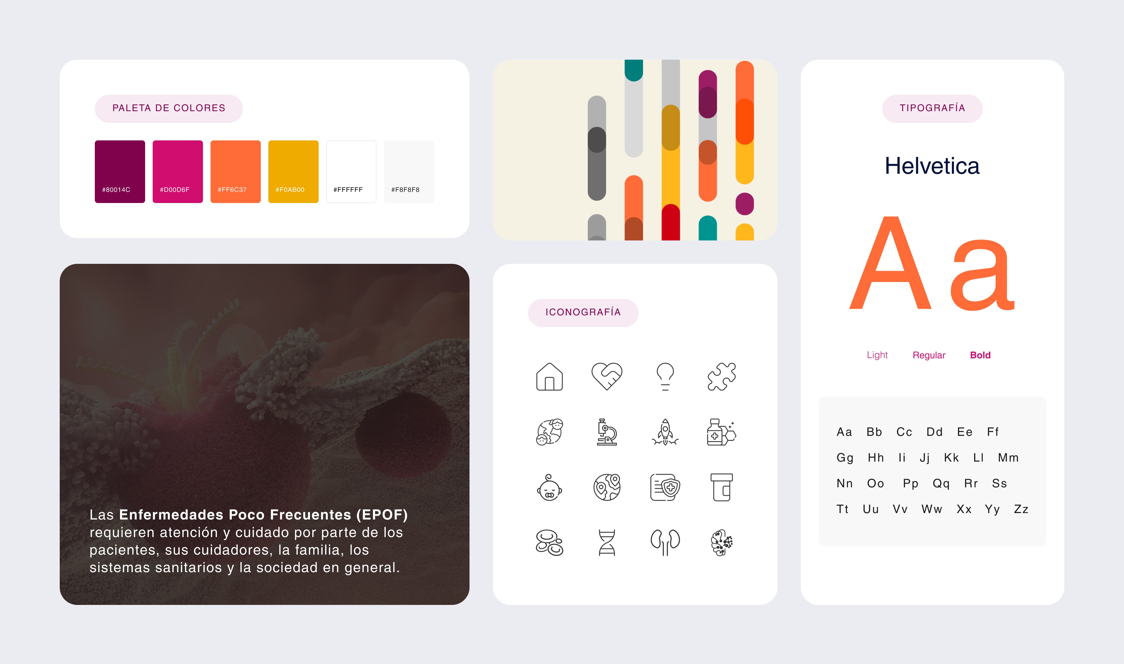 Guía de diseño con paleta cálida, tipografía Helvetica y elementos gráficos para un proyecto sobre enfermedades raras.