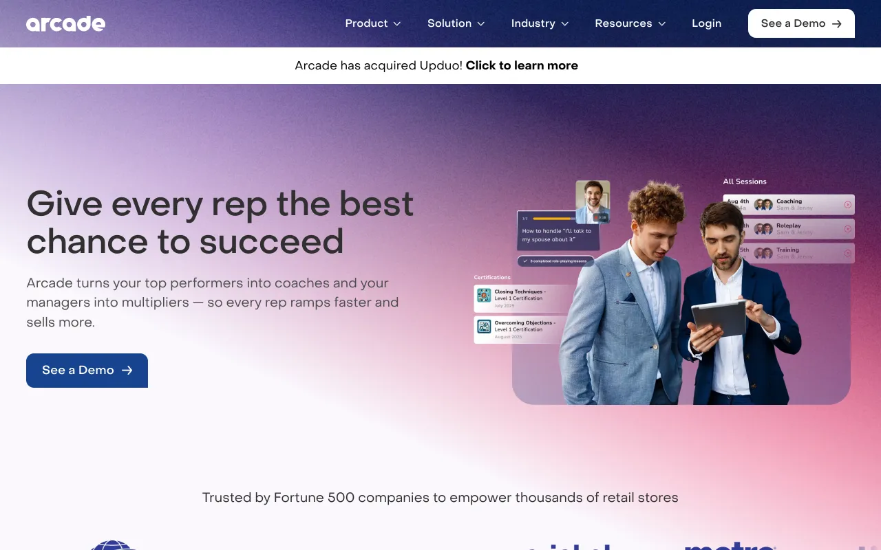 Arcade homepage, gamified peer coaching and practice for frontline teams