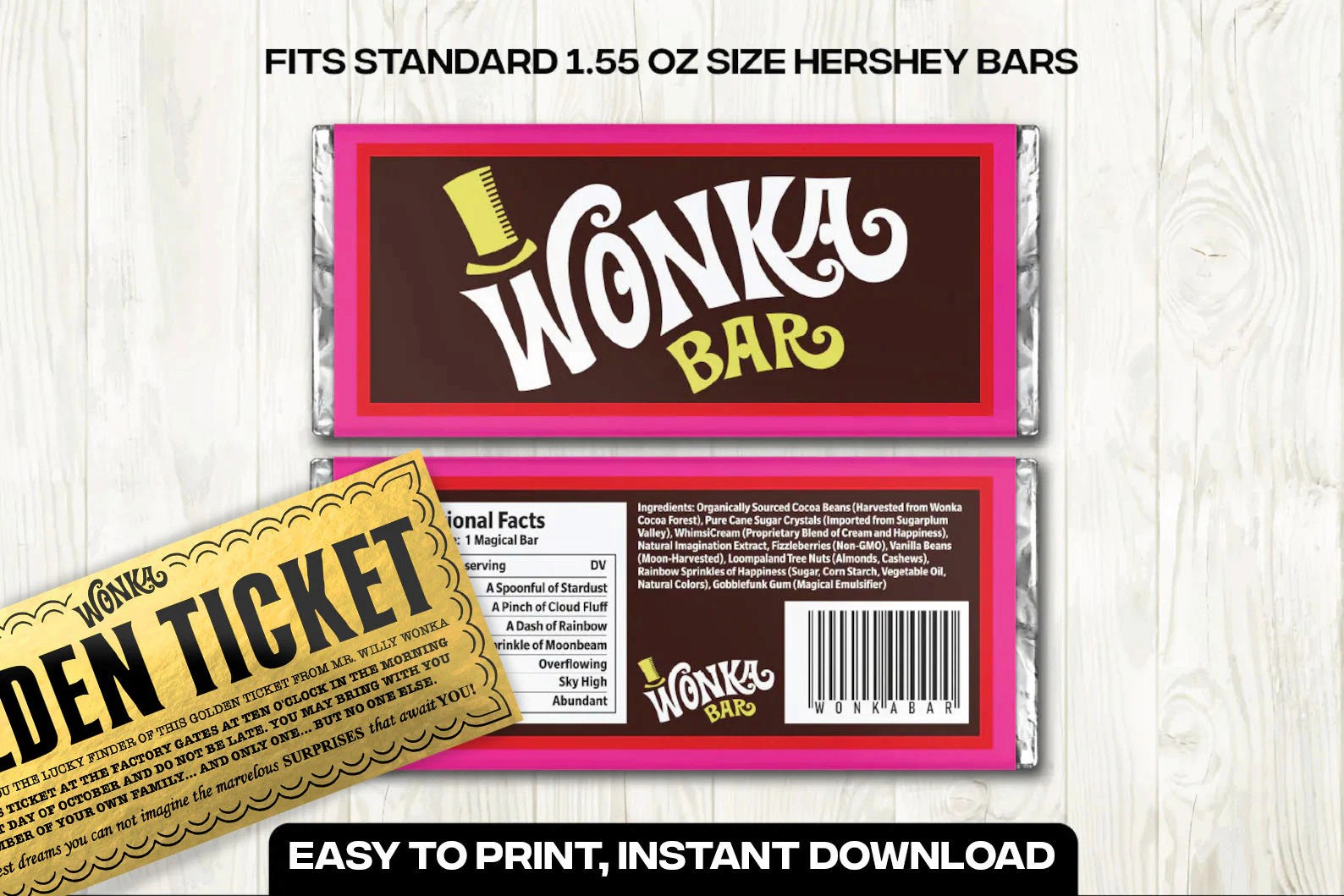 Wonka bar wrapper printable design for 1.55oz Hershey bars – perfect for Halloween, birthdays, and themed parties. Download our digital Wonka bar wrapper PDF to create magical Wonka-inspired treats. Customize your Hershey bars with this vibrant and whimsical Wonka bar wrapper, ideal for Wonka-themed celebrations