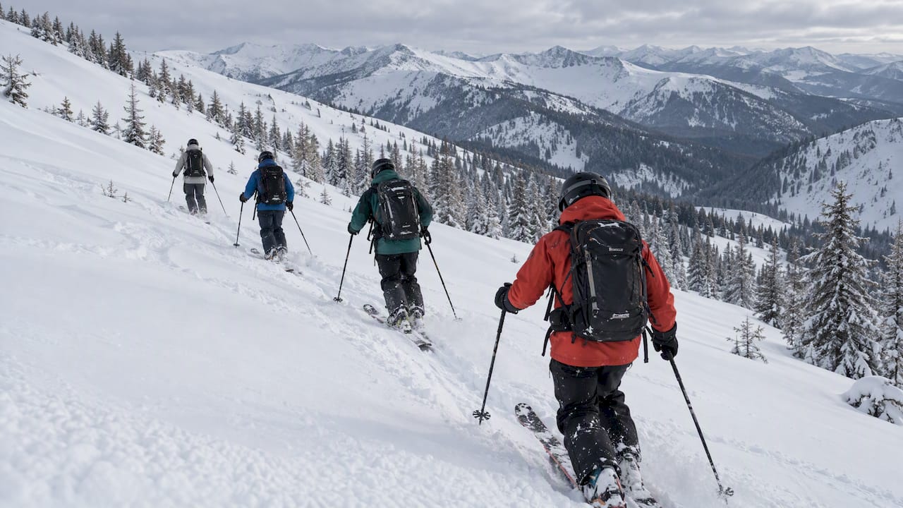 Two helmeted skiers travelling across snowy backcountry terrain in the Western Altai