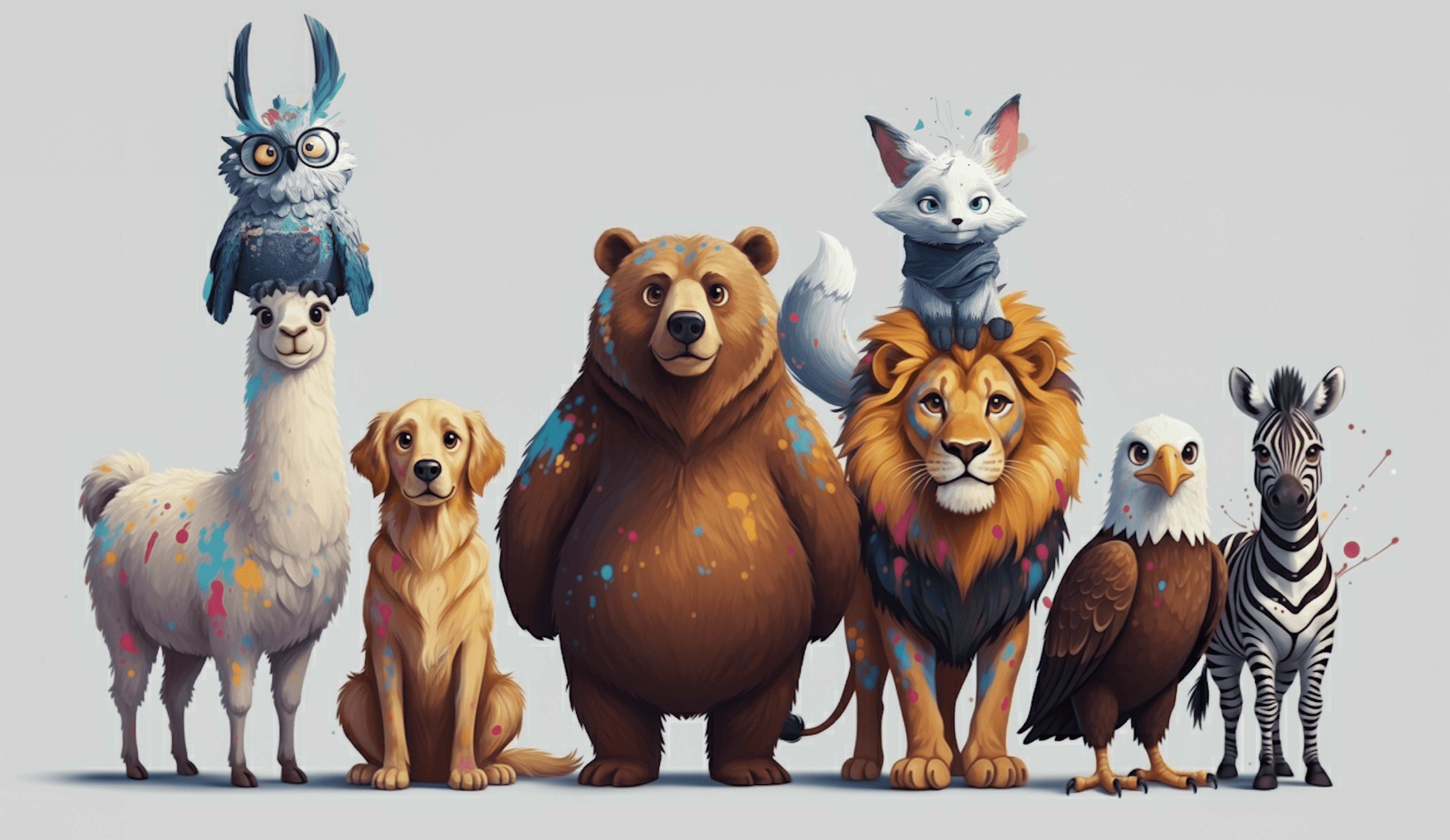 Lineup of cartoon animals with colorful splatters.