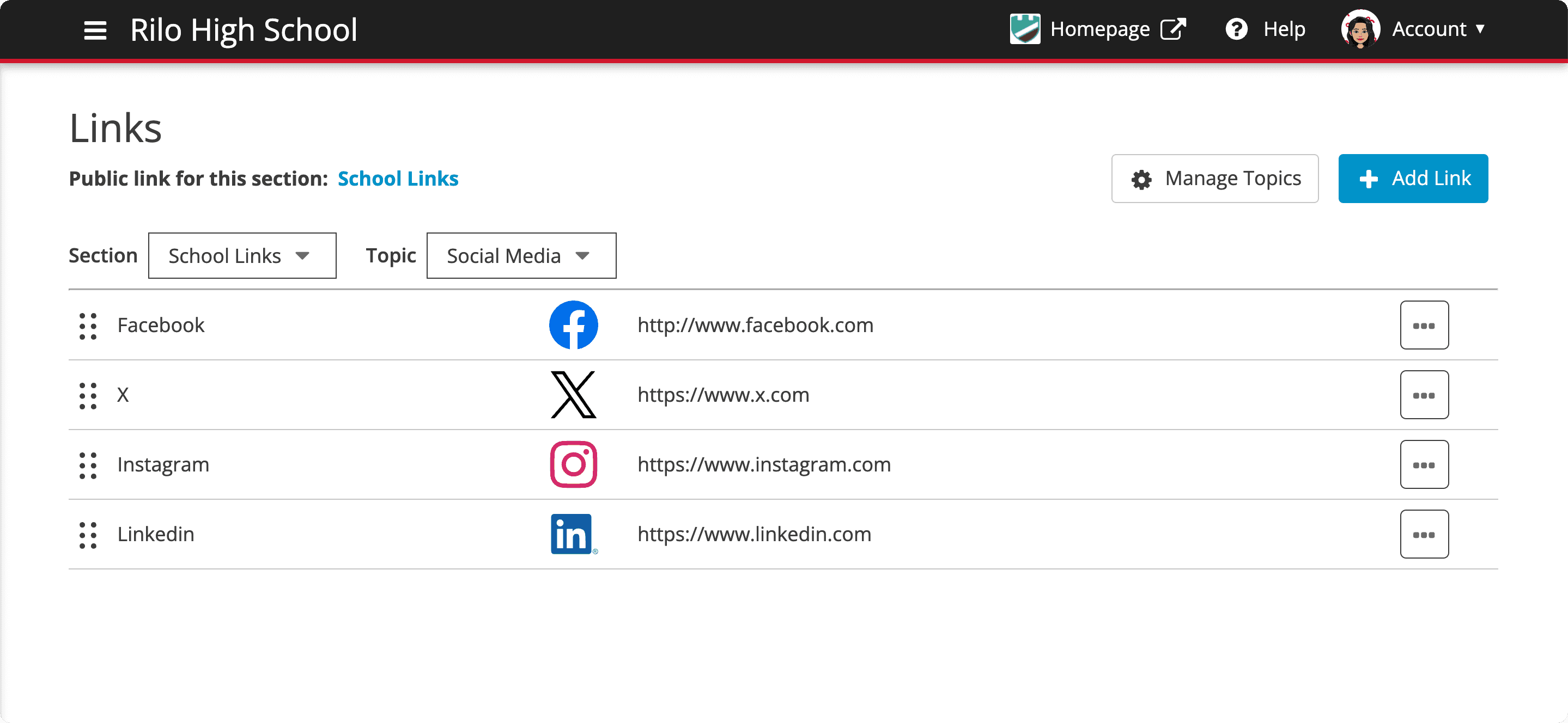 screenshot of links in the admin site