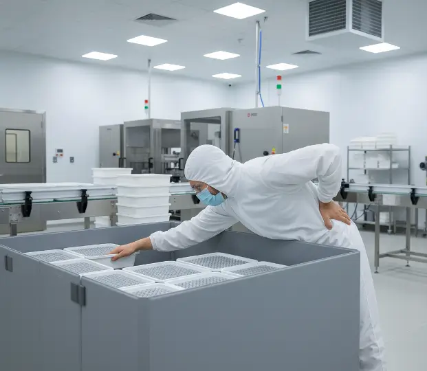 Cleanroom worker experiencing back pain while manually lifting tubs from a pallet box.