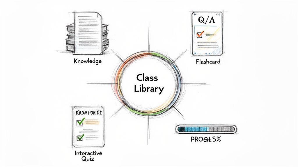 A diagram illustrating a 'Class Library' with knowledge documents, flashcards, interactive quizzes, and progress tracking.