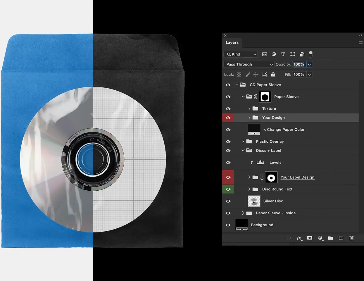 Photoshop workspace showing organized layers and color customization options for the CD paper sleeve mockup