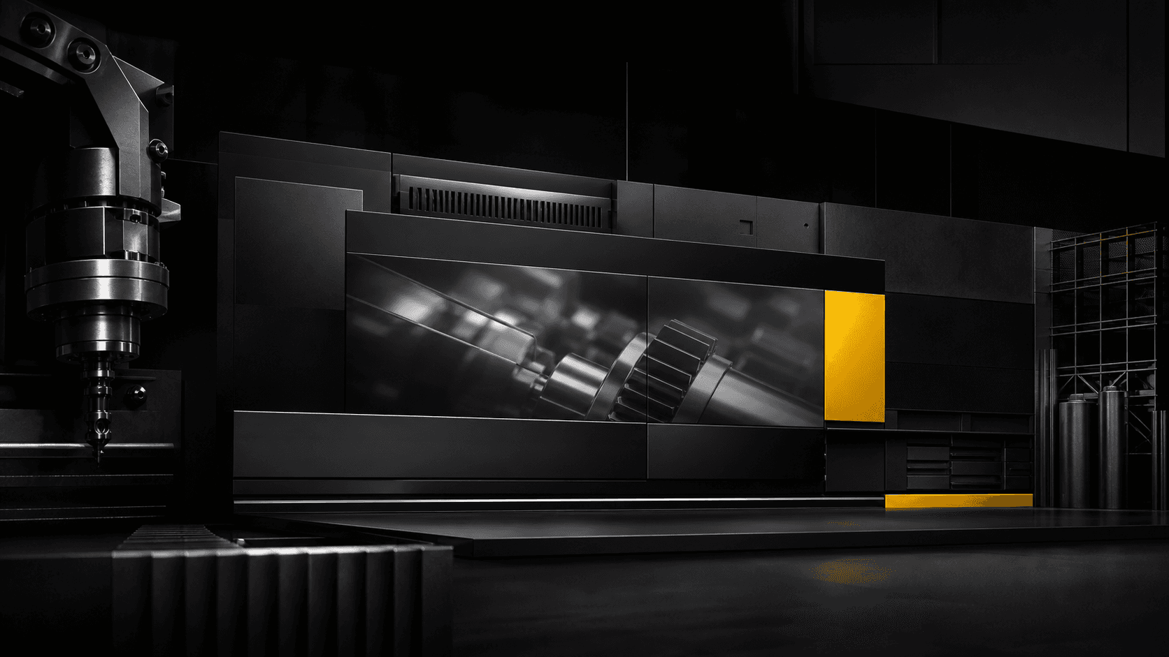 Abstract industrial machinery and modular website panels in black metal with a yellow accent