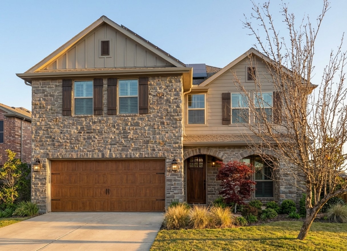 Stone veneer accent on lower facade with warm gray upper and wood-tone door