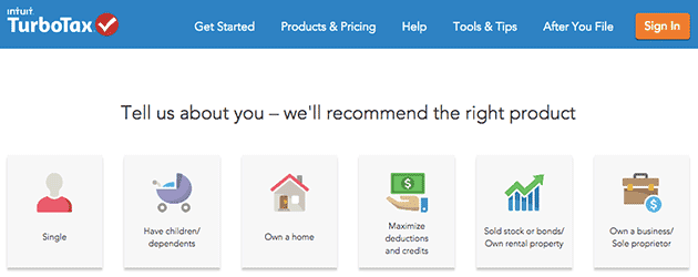 A screenshot of Turbo Tax's front page, where they ask users to give information about themselves to recommend a product. An example fo a guided flow.