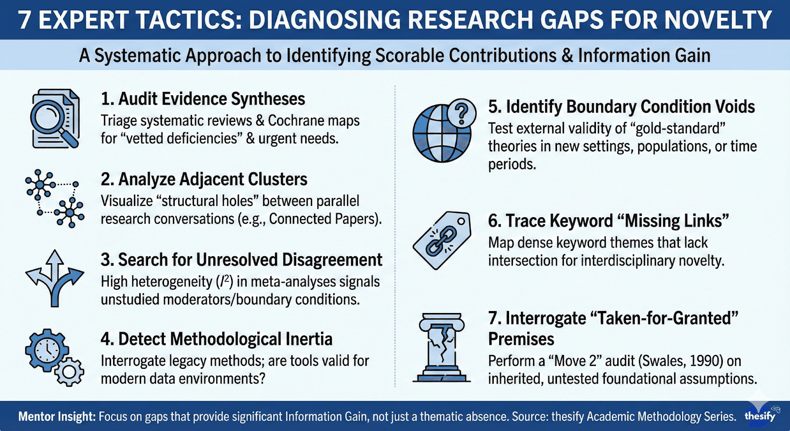 An infographic summarizing 7 expert tactics to identify research gaps for novelty: 1. Audit Evidence Syntheses, 2. Analyze Adjacent Clusters, 3. Search for Unresolved Disagreement, 4. Detect Methodological Inertia, 5. Identify Boundary Condition Voids, 6. Trace Keyword Missing Links, and 7. Interrogating Taken-for-Granted Premises.